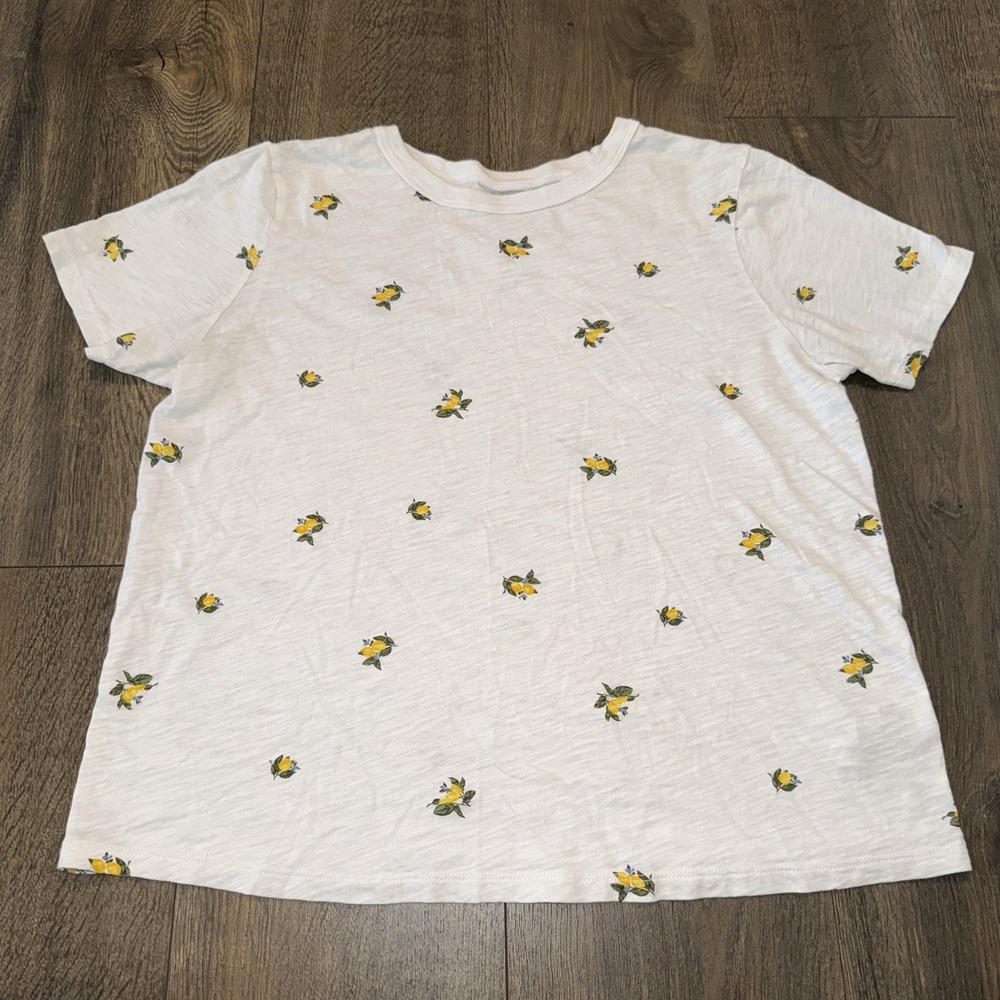 Old Navy Woman Weekend Tee Shirt Lemon Print 100% Cotton Short Sleeve Chore Sz M